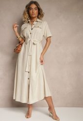 Beżowa Sukienka z Lnu i Wiskozy o Koszulowym Fasonie Weolara. Brązowe sukienki damskie Renee, na spotkanie biznesowe, na lato, l, bez wzorów, z materiału, eleganckie, bez kołnierzyka, bez ramiączek, maxi, dopasowane. Za 99.99 zł.