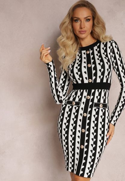 Biała Dopasowana Sukienka Dzianinowa w Geometryczny Wzór Grimau. Białe sukienki damskie Renee, do pracy, bez wzorów, z dzianiny, biznesowe, bez kołnierzyka, bez ramiączek, mini, dopasowane. Za 79.99 zł.