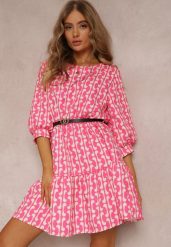 Różowa Sukienka z Paskiem Kaliphae. Czerwone sukienki damskie Renee, m, z aplikacjami, bez kołnierzyka, bez ramiączek, midi, rozkloszowane. Za 49.99 zł.