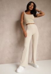 Beżowe Legginsy High Waist z Szeroką Gumką w Pasie Idalania. Brązowe legginsy damskie Renee, bez wzorów, z jeansu. Za 49.99 zł.