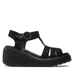 Sandały Fly London. Czarne sandały damskie Fly London, bez wzorów, bez obcasa, na koturnie, bez zapięcia. Za 519.99 zł.