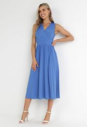 Niebieska Sukienka Midi Bez Rękawów z Plisowanym Dołem Dreana. Niebieskie sukienki damskie Born2be, na imprezę, l, bez wzorów, eleganckie, bez kołnierzyka, bez ramiączek, midi, plisowane. Za 169.99 zł.