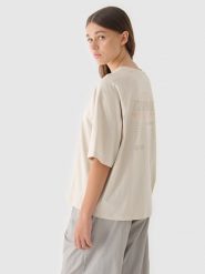 4F T-shirt oversize z nadrukiem damski - beżowy L. Brązowe t-shirty damskie 4F, l, bez wzorów, z bawełny, klasyczne, bez kołnierzyka, bez ramiączek. W wyprzedaży za 29.99 zł.