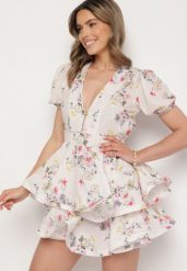 Biała Bawełniana Sukienka w Kwiaty o Rozkloszowanym Kroju z Falbankami Norittia. Białe sukienki damskie Born2be, na co dzień, m, bez wzorów, z bawełny, eleganckie, bez kołnierzyka, bez ramiączek, mini, rozkloszowane. Za 159.99 zł.