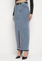 Granatowa Spódnica Jeansowa o Ołówkowym Kroju z Rozcięciem z Przodu Ramalla. Niebieskie spódnice damskie Born2be, do pracy, m, bez wzorów, z jeansu, biznesowe, maxi, koszulowe. Za 69.99 zł.