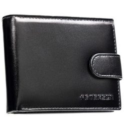 Poziomy, elegancki, czarny portfel męski ze skóry naturalnej zamykany zatrzaskiem - Peterson. Czarne portfele męskie Peterson, bez wzorów, ze skóry. Za 118.99 zł.