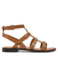 Sandały Guess. Brązowe sandały damskie Guess, z aplikacjami, bez obcasa, na płaskiej podeszwie, bez zapięcia. Za 549.99 zł.