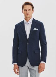 PAKO LORENTE – Granatowa żakardowa marynarka męska. Garnitury męskie Pako Lorente, m, bez wzorów, z bawełny, casualowe, bez kołnierzyka, bez ramiączek. Za 899.99 zł.