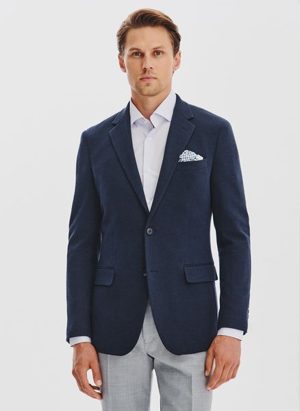 PAKO LORENTE – Granatowa żakardowa marynarka męska. Garnitury męskie Pako Lorente, m, bez wzorów, z bawełny, casualowe, bez kołnierzyka, bez ramiączek. Za 899.99 zł.