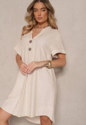 Jasnobeżowa Sukienka z Bawełny o Pudełkowym Kroju z Dużymi Guzikami Elanorella. Brązowe sukienki damskie Renee, na co dzień, na lato, m, bez wzorów, z bawełny, eleganckie, bez kołnierzyka, bez ramiączek, kopertowe. Za 69.99 zł.