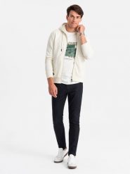 Męska rozpinana bluza dresowa BASIC – kremowa V5 OM-SSBZ-0160 - XXL. Białe bluzy męskie Ombre Clothing, l, bez wzorów, z dresówki, z kapturem. Za 125.99 zł.