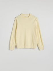 Strukturalny sweter - jasnożółty. Żółte swetry męskie Reserved, l, bez wzorów, z bawełny, bez kołnierzyka, bez ramiączek. W wyprzedaży za 39.99 zł.