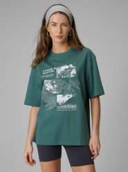 4F T-shirt loose z nadrukiem damski - turkusowy S. Niebieskie t-shirty damskie 4F, s, bez wzorów, z dzianiny, klasyczne, bez kołnierzyka, bez ramiączek. Za 79.99 zł.