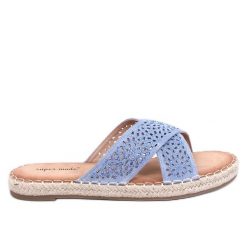 Klapki damskie espadryle Bakou Blue niebieskie. Niebieskie klapki damskie na lato, w ażurowe wzory, z materiału, casualowe, bez obcasa, bez zapięcia. Za 101.62 zł.
