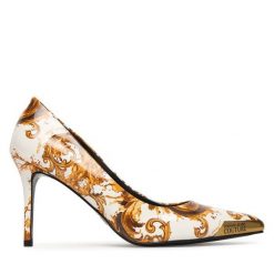 Szpilki Versace Jeans Couture. Białe szpilki damskie Versace Jeans Couture, bez wzorów, z jeansu, bez obcasa, na szpilce, bez zapięcia. Za 989.99 zł.