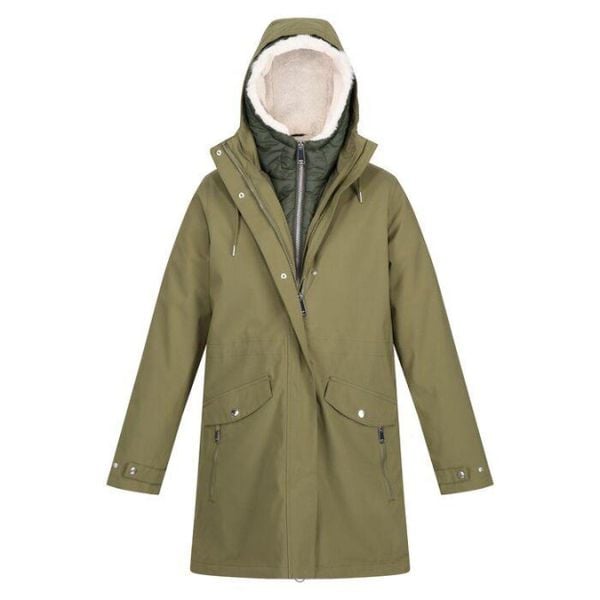 Kurtka turystyczna damska Regatta Shirgley Ash 3w1 10K. Zielone kurtki sportowe damskie Regatta, bez wzorów, z poliesteru, bez ramiączek, bez kaptura, trekkingowe. Za 469.70 zł.