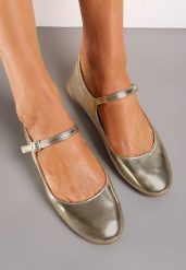 Złote Balerinki z Zapięciem na Sprzączkę z Ekozamszu Loraleima. Żółte balerinki damskie Renee, bez wzorów, eleganckie, bez obcasa, bez zapięcia. Za 59.99 zł.