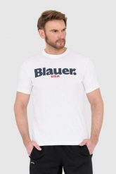 BLAUER Biały męski t-shirt z dużym logo. Białe t-shirty męskie Blauer USA, l, bez wzorów, bez kołnierzyka, bez ramiączek. W wyprzedaży za 129.99 zł.