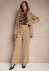 Ciemnobeżowe Szerokie Spodnie Garniturowe z Wiskozą High Waist z Paskiem z Klamrą Enarela. Brązowe spodnie materiałowe damskie Renee, na lato, bez wzorów, z jeansu, eleganckie, z podwyższonym stanem. Za 99.99 zł.