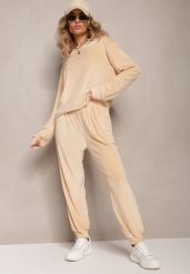 Beżowy Welurowy Komplet Dresowy z Bluzą i Spodniami Joggerami Mafira. Brązowe bluzy damskie Renee, l, bez wzorów, z dresówki, bez ramiączek, bez kaptura. Za 79.99 zł.