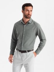 Męska koszula z kieszenią REGULAR FIT - khaki V4 - Rozmiar: S. Brązowe koszule męskie Ombre Clothing, m, bez wzorów, z bawełny, bez kołnierzyka, bez ramiączek. W wyprzedaży za 49.99 zł.