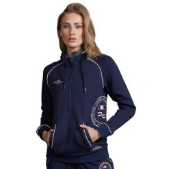 Damska bluza jeździecka Premier Equine PE Team. Niebieskie bluzy damskie PREMIER EQUINE, bez wzorów, z bawełny, sportowe, bez ramiączek, z kapturem. Za 367.50 zł.