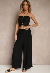 Czarne Szerokie Spodnie z Wiskozy ze Sznurkiem Natisetia. Czarne spodnie materiałowe damskie Renee, bez wzorów, z jeansu, eleganckie. Za 49.99 zł.