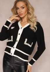 Czarny Wiskozowy Sweter Kardigan z Kontrastową Lamówką i Naszywkami Narjee. Czarne kardigany damskie Renee, z aplikacjami, z wiskozy, bez kołnierzyka. Za 149.99 zł.