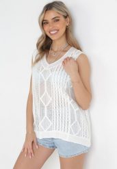 Biały Dzianinowy Top w Stylu Kamizelki z Bawełny Blancita. Białe topy damskie Born2be, w ażurowe wzory, z bawełny, bez kołnierzyka, bez ramiączek. Za 99.99 zł.