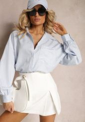 Niebieska Koszula z Długim Rękawem Zapinana na Guziki z Kieszonką Vloenni. Niebieskie koszule damskie Renee, l, bez wzorów, eleganckie, bez kołnierzyka, bez ramiączek. Za 119.99 zł.