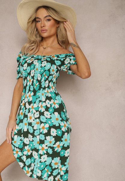 Niebiesko-Zielona Sukienka z Wiskozy Midi z Kwadratowym Dekoltem i Wzorem w Kwiaty Narcca. Niebieskie sukienki damskie Renee, na co dzień, na lato, s, bez wzorów, z wiskozy, eleganckie, bez kołnierzyka, bez ramiączek, midi, rozkloszowane. Za 59.99 zł.