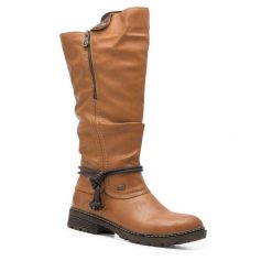 Kozaki Rieker. Brązowe kozaki damskie Rieker, bez wzorów, bez obcasa, na słupku, bez zapięcia. Za 359.99 zł.