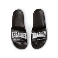 Klapki basenowe unisex HUF x Thrasher. Czarne klapki damskie HUF, bez wzorów, bez zapięcia. Za 144.00 zł.