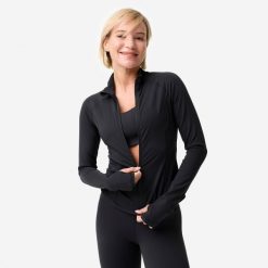 Bluza do jogi i pilatesu damska Domyos Breathe rozpinana. Czarne bluzy damskie Decathlon, xs, bez wzorów, z elastanu, biznesowe, bez ramiączek, bez kaptura. Za 149.99 zł.