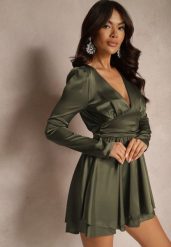 Zielona Satynowa Sukienka Mini z Falbankami i Paskiem z Tyłu w Talii Catriona. Zielone sukienki damskie Renee, na co dzień, m, bez wzorów, z satyny, eleganckie, bez kołnierzyka, bez ramiączek, mini, kopertowe. Za 99.99 zł.