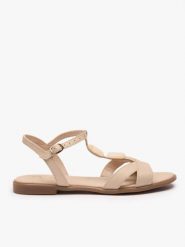 Kremowe płaskie sandały z ozdobą. Brązowe sandały damskie Ryłko, z aplikacjami, ze skóry, z okrągłym noskiem, bez obcasa, na płaskiej podeszwie, bez zapięcia. Za 379.99 zł.