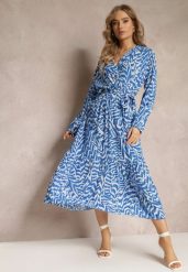 Niebieska Sukienka Kopertowa z Wiązanym Paskiem i Fantazyjnym Printem Nevilia. Niebieskie sukienki damskie Renee, l, bez wzorów, z materiału, bez kołnierzyka, bez ramiączek, maxi, kopertowe. Za 54.99 zł.