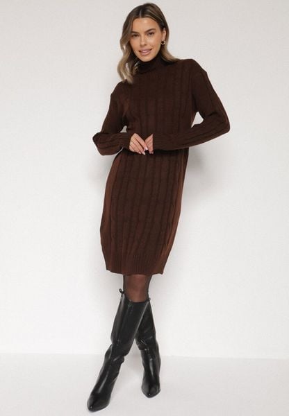Ciemnobrązowa Sweterkowa Sukienka z Golfem Wełną i Bawełną Ozdobiona Splotem Reiania. Brązowe sukienki damskie Born2be, do pracy, bez wzorów, z bawełny, biznesowe, bez kołnierzyka, bez ramiączek, proste. Za 79.99 zł.