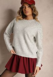 Szary Sweter z Bawełną i Cekinami Ceala. Szare swetry nierozpinane damskie Renee, s, z aplikacjami, z bawełny, casualowe, bez kołnierzyka, bez ramiączek. Za 99.99 zł.