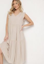 Jasnobeżowa Bawełniana Sukienka Ozdobiona Falbankami Aveliova. Brązowe sukienki damskie Born2be, na co dzień, l, bez wzorów, z bawełny, eleganckie, bez kołnierzyka, bez ramiączek, midi, proste. Za 39.99 zł.