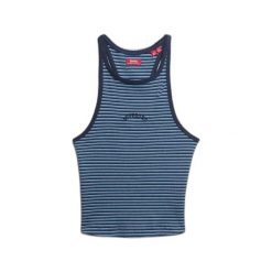 Tank top w paski z plecami w stylu sportowym i logo dla kobiet Superdry Essentia. Niebieskie topy damskie Superdry, bez wzorów, sportowe, bez kołnierzyka, bez ramiączek. Za 106.45 zł.