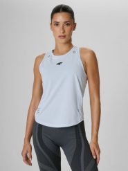 4F Top treningowy regular szybkoschnący damski - niebieski XS. Niebieskie koszulki sportowe damskie 4F, xs, bez wzorów, bez ramiączek, na fitness i siłownię. Za 99.99 zł.