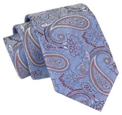 Męski Krawat Angelo di Monti - Niebieskie Tło, Wzór Paisley. Niebieskie krawaty i muchy Angelo di Monti, bez wzorów, z tkaniny, eleganckie. Za 45.00 zł.