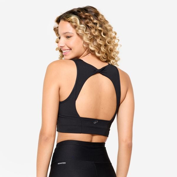Stanik sportowy Decathlon crop top. Czarne koszulki sportowe damskie Decathlon, l, bez wzorów, bez ramiączek, na jogę i pilates. W wyprzedaży za 59.99 zł.