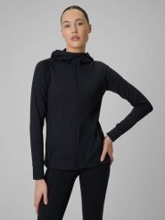 4F Bluza treningowa regular szybkoschnąca damska - czarna S. Czarne bluzy damskie 4F, s, bez wzorów, bez ramiączek, bez kaptura. W wyprzedaży za 169.99 zł.