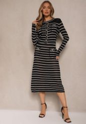 Czarny Komplet z Dzianiny z Wiskozą w Prążki Kardigan i Spódnica Sepelisse. Czarne kardigany damskie Renee, m, z aplikacjami, z dzianiny, eleganckie, bez kołnierzyka. Za 159.99 zł.