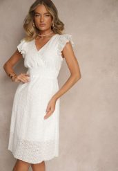 Biała Haftowana Rozkloszowana Sukienka z Bawełny Neliasta. Białe sukienki damskie Renee, na spacer, na wiosnę, l, bez wzorów, z bawełny, eleganckie, bez kołnierzyka, bez ramiączek, midi, rozkloszowane. Za 69.99 zł.