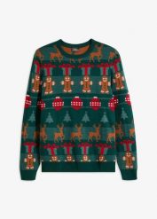 Sweter z bożonarodzeniowym motywem, z akrylu z recyklingu. Zielone swetry męskie bonprix, m, bez wzorów, wizytowe, bez kołnierzyka, bez ramiączek. Za 129.99 zł.