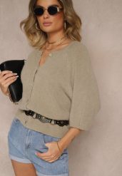 Beżowy Kardigan z Rękawem 3/4 z Dodatkiem Wełny Iffarisse. Brązowe kardigany damskie Renee, bez wzorów, z jeansu, eleganckie, bez kołnierzyka. Za 139.99 zł.