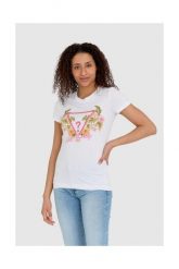 GUESS Biały t-shirt damski z logo z kwiatami i dżetami slim fit. Białe t-shirty damskie Guess, s, z aplikacjami, z bawełny, bez kołnierzyka, bez ramiączek. W wyprzedaży za 122.99 zł.